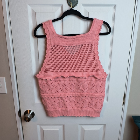 Pink Knit open weave Crochet Eyelet Scalloped Textured Sweater Tank Top Vest L - Picture 5 of 9